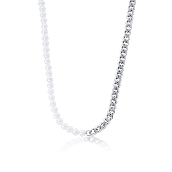 Pearl Cuban Chain Necklace - Silver