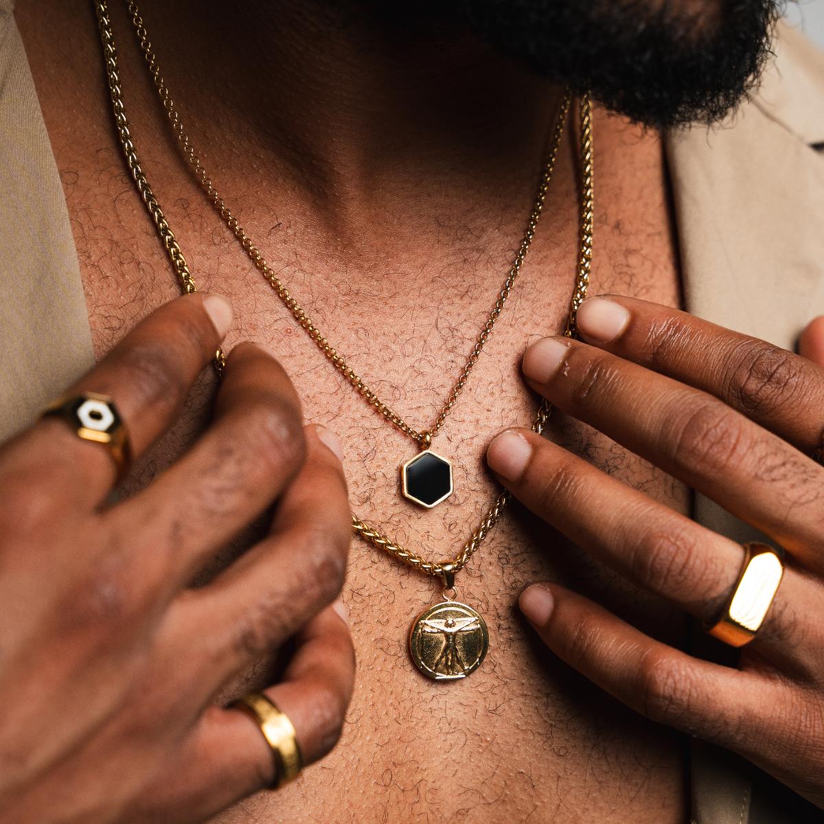Hex Onyx Pendant Necklace - Gold