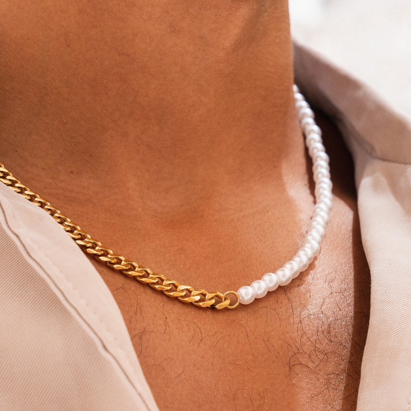 Pearl Cuban Chain Necklace - Gold