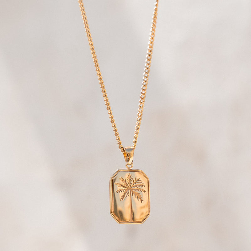 Palm Tree Plate Pendant Necklace - Gold
