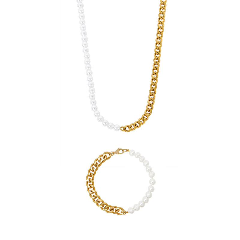 Pearl Cuban Chain x Bracelet Set - Gold