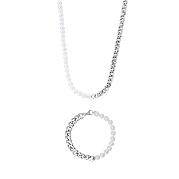 Pearl Cuban Chain x Bracelet Set - Silver