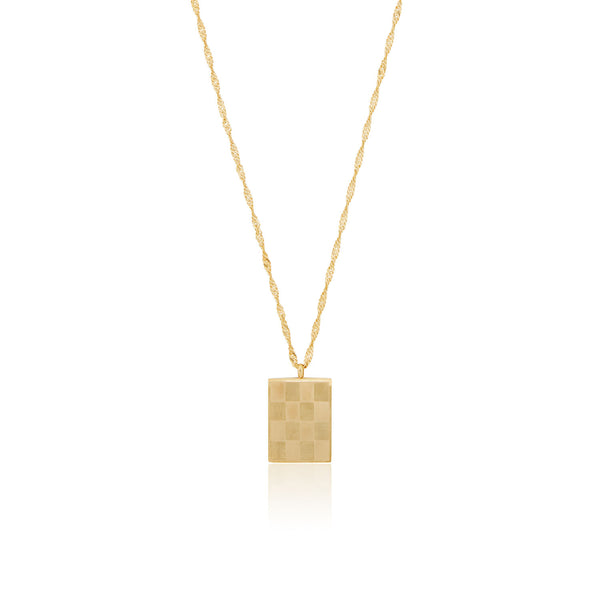 Checkered Plate Pendant Necklace - Gold