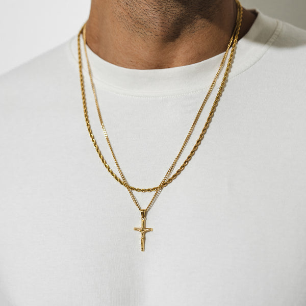 Cross Pendant Necklace X Rope Chain Full Set - Gold