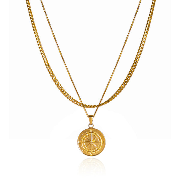 Compass Pendant Necklace X Curb Chain - Gold